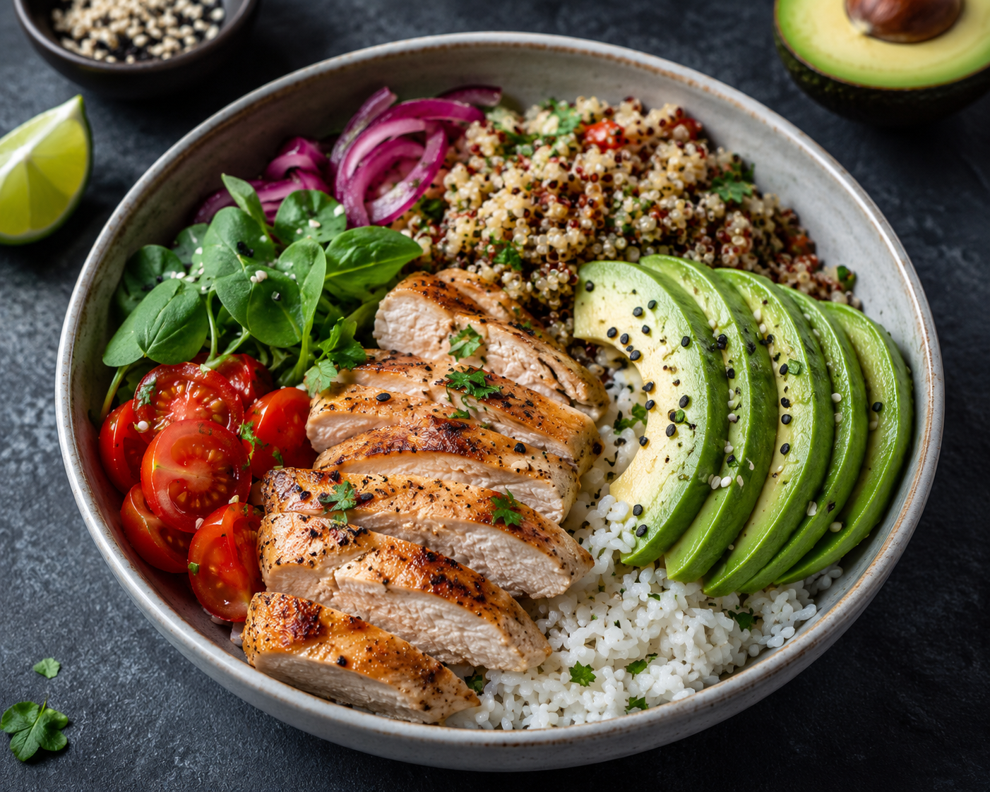 Bol poulet, riz, avocat